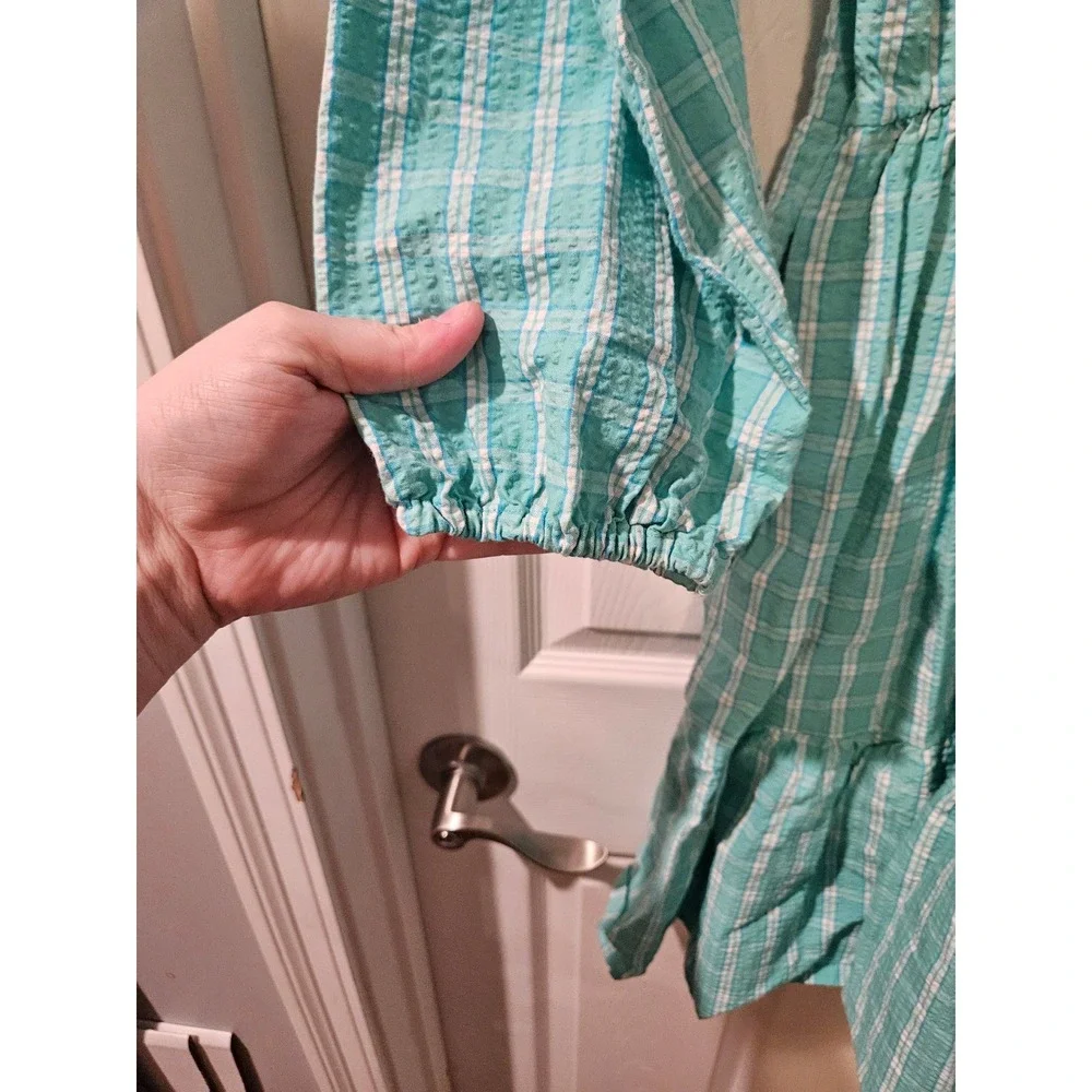 J.Crew Seersucker‎ Ruffleneck Mini Dress Womens 6 Green Plaid Cotton Long Sleeve